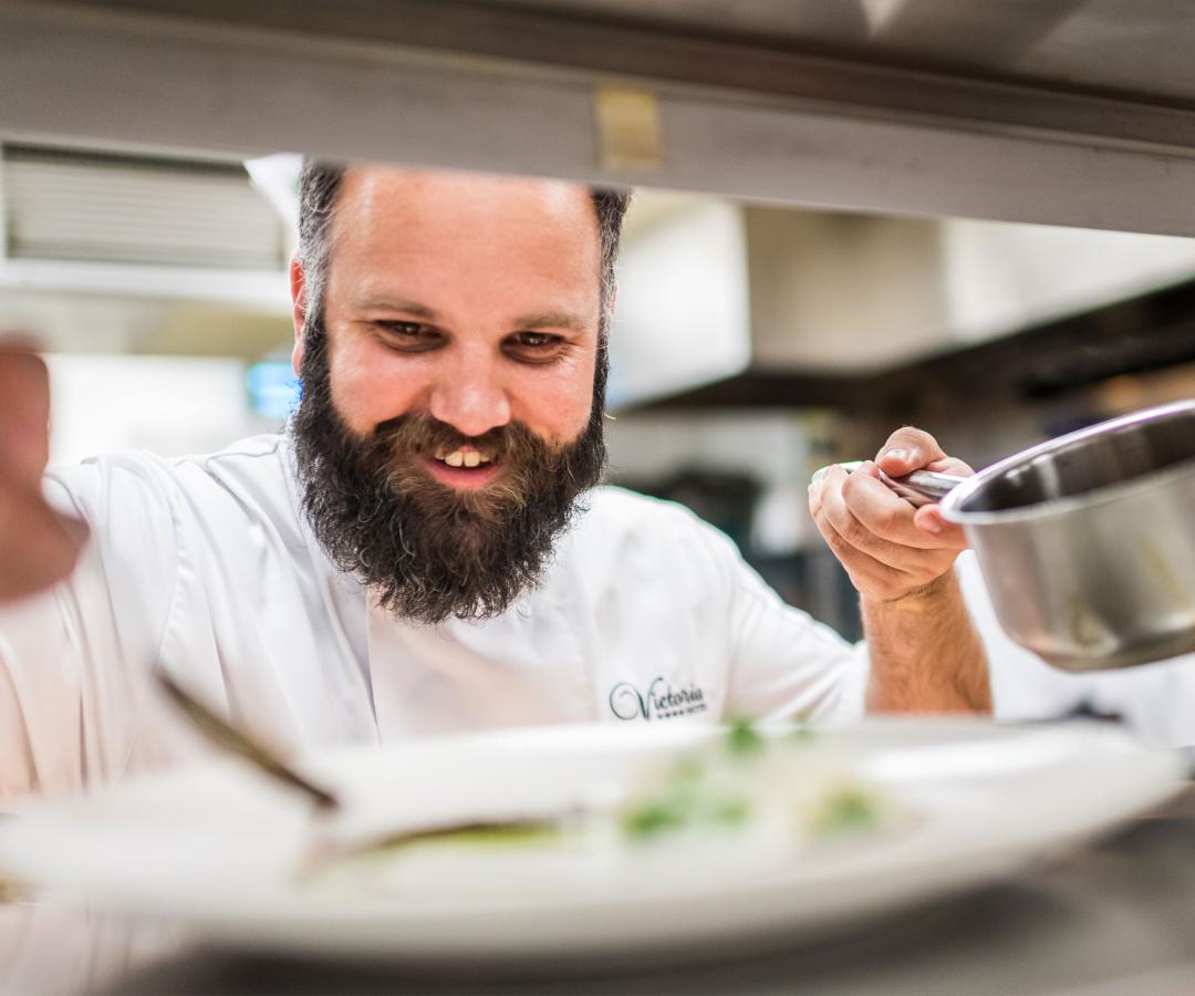 Chef Stuart at the pass of the restaurant at The Victoria Hotel in Sidmouth