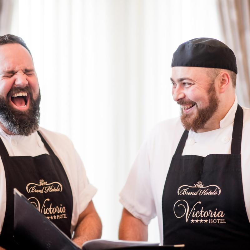 Two chefs laughing at the Victoria Hotel in Sidmouth