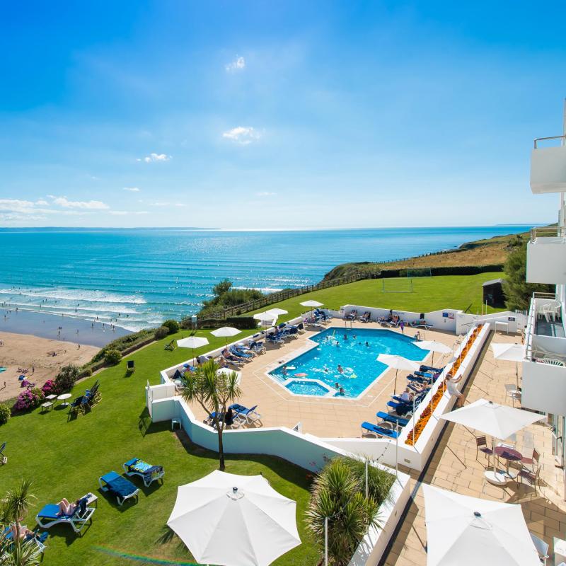 Exterior of The Saunton Sands Hotel North Devon showing beach and swimming pools